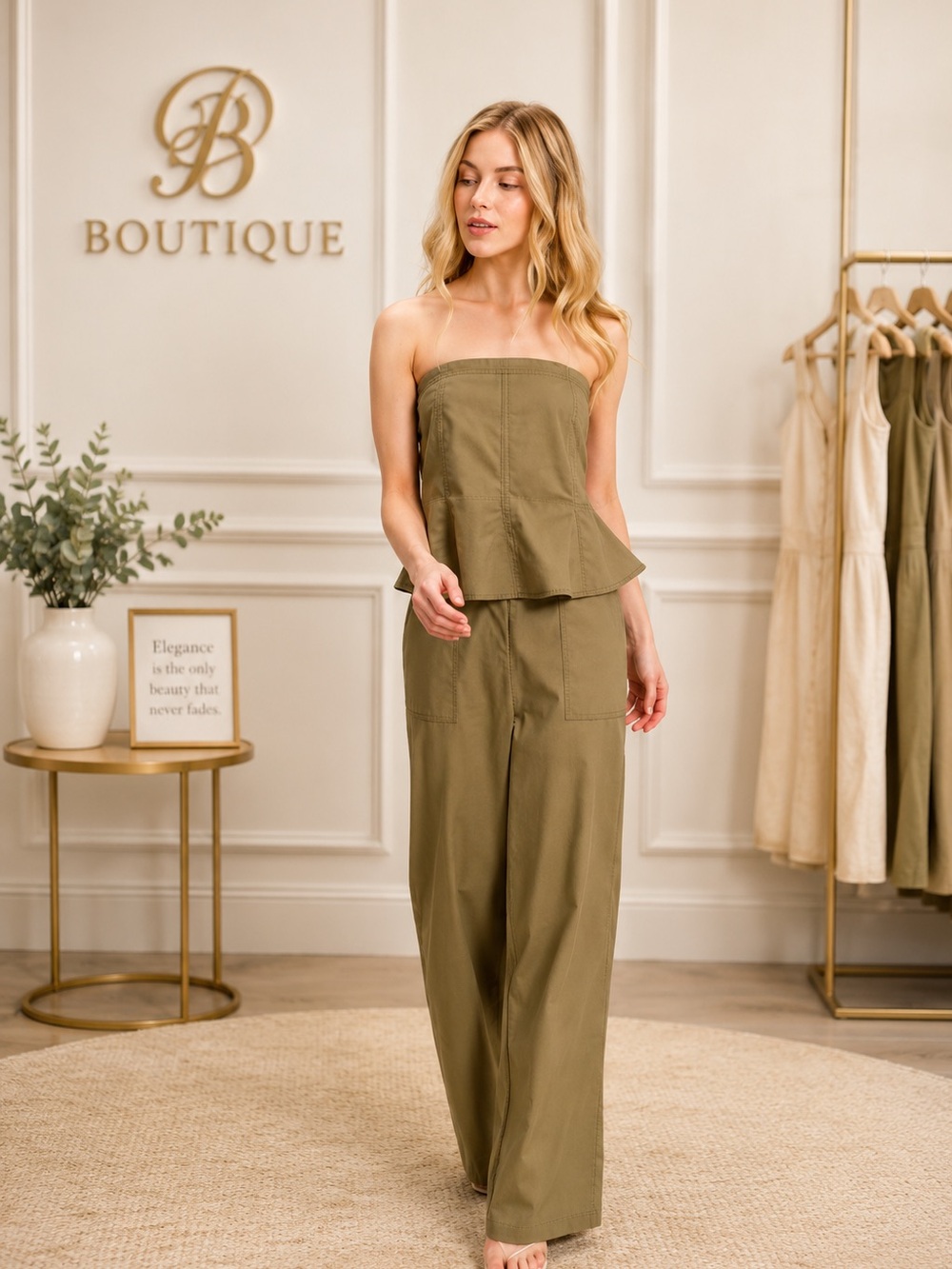 HYFVE Olive Strapless Wide-Leg Pants Set
